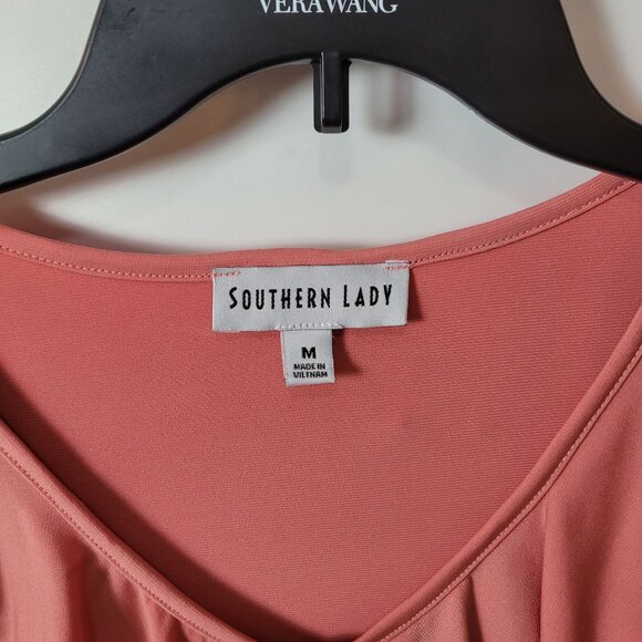 Southern Lady Pink Ruffled V-Neck Blouse W/Tie Front & 3/4 Sleeves Med. - Picture 8 of 13